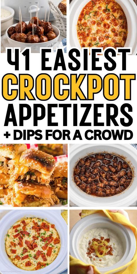 Super easy crockpot appetizers and dips! Crockpot party foods made right in your slow cooker, just dump and go! From meatballs, kielbasa, and sausage appetizers, to cheesy slow cooker party dips like queso and spinach dip, they’re the best potluck appetizers! Crockpot appetizers for party, fall appetizers crockpot, holiday appetizers crockpot, finger foods, make ahead appetizers for a crowd, party food appetizers, crockpot snacks, crockpot dips for parties easy, appetiser recipes, game day food. Crock Pot Party Appetizers, Bridal Shower Crockpot Food, Hot Dips For Parties Appetizers Crockpot, Crockpot Work Potluck, Crockpot Food For Party, Crockpot Finger Foods For Party, Dips Recipes Crockpot, Make Ahead Snacks For A Crowd, Crockpot Dips For Parties Easy