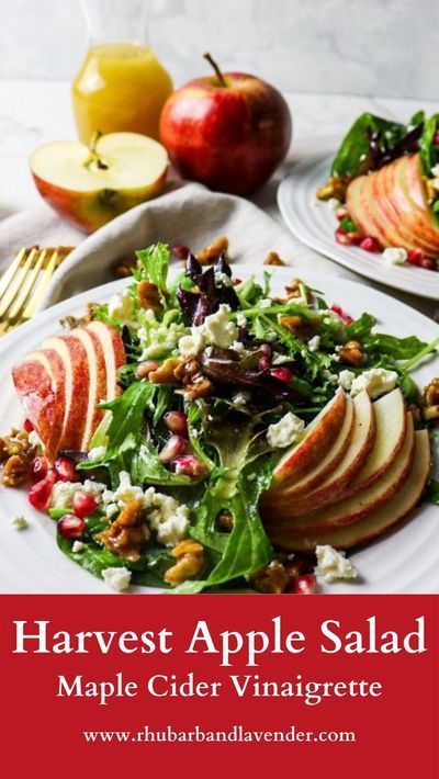 An autumn salad with crisp, juicy apples, crunchy candied walnuts, and topped with a tangy Maple Cider Vinaigrette! Harvest Apple Salad, Maple Cider Vinaigrette, Candied Walnuts For Salad, Valentines 2025, Apple Walnut Salad, Cider Vinaigrette, Apple Walnut, Vinaigrette Salad, Harvest Salad