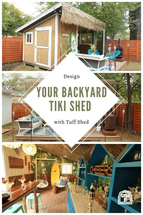 Tiki Bar Shed Ideas, Tiki Hut Ideas Backyards, Tiki Shed Ideas, Tiki Yard Ideas, Tiki Shed, Garden Tiki Bar, Bar Shed Backyard, Tiki Backyard Ideas, Tiki Hut Backyard