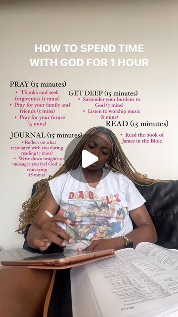 Mercy 🇳🇬 on Instagram: "Pray, Get Deep, Read, Journal. REPEAT! 

Spending time with God is a personal and intimate experience, so feel free to adjust this structure to suit your own preferences and spiritual needs. The key is to approach this time with an open heart and a desire to draw closer to God. 💗 

#bibledaily #bibleteaching #dailybible #spendtimewithgod #quiettimewithgod #secretplace #womenofgod #godlywomen#biblestudy  #biblestudytips  #biblestudying  #christiancontent" How To Spend Time With God, Getting Closer To God, Spending Time With God, Bible Study Activities, Draw Closer To God, Youth Bible Study, Bible Quotes Background, Wisdom Bible, Time With God