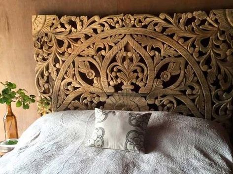 Natural Eco Carved panel bed headboard Indian Headboard, Bedroom Wallpaper Nature, Farmhouse Sink Installation, Head Boards, Carved Headboard, Linen Headboard, Asian Home Decor, Reclaimed Furniture, Wooden Headboard