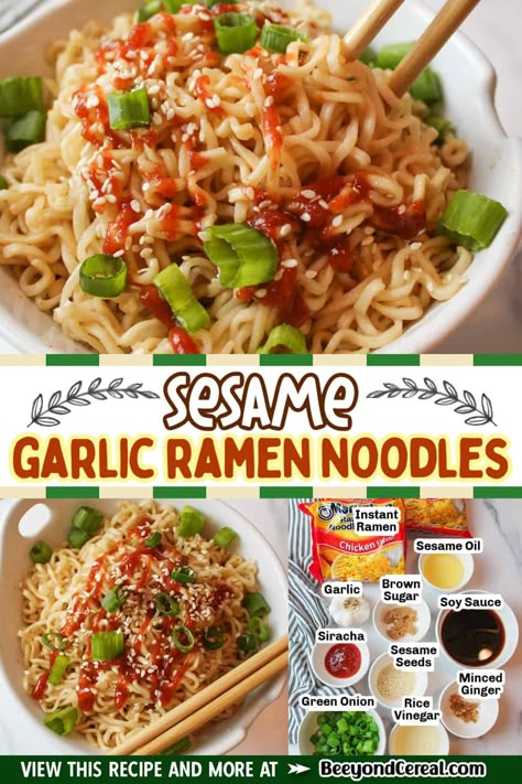 Good Ramen Noodle Recipes Easy, Ramen Noodle Dishes Simple, Easy Ramen Recipes Simple, Garlic Ramen Noodle Recipes, Easy Saucy Ramen Noodles, Ways To Make Ramen Better, Sesame Garlic Ramen, Chicken And Ramen, Gourmet Ramen