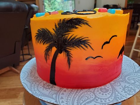 Ombre sunset cake, palm trees, dolphins Malibu Themed Cake, Tropical Ombre Cake, Sunset Cakes Ideas, Sunset Ombre Cake, Sunset Theme Cake, Sunset Cake Design, Sunset Birthday Cake, Oasis Cake, Decorated Cake Roll