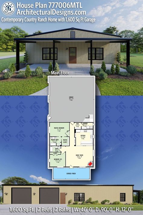 House Plan 777006MTL gives you 1600 square feet of living space with 2 bedrooms and 2 baths 2 Bed Barndominium Floor Plans With Shop, Shop House Combo, 40x60 Pole Barn House Plans With Loft And Garage, Shop Houses Metal, 16x60 House Plans, Barndo Floor Plans With Garage, Morton Building Homes Floor Plans, Small Barnodium Homes, Shed Home Floor Plans