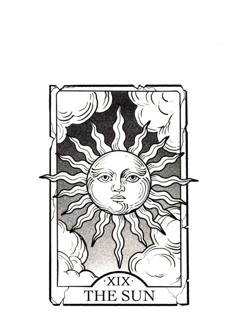 Sun Tarot Card Design, The Sun Tarot Tattoo Design, The Sun Tarot Card Drawing, The Sun Card Tattoo, Tarot Card Tattoo The Sun, Tarot Card Sun Tattoo, Tarot Card Stencil, Tarot Card Line Art, The Sun Tarot Tattoo