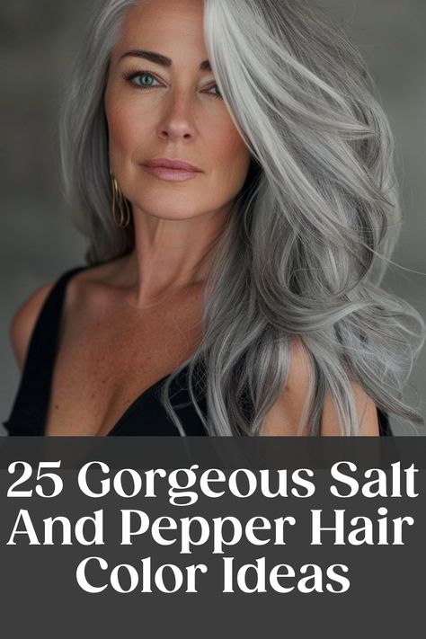 Woman with long, wavy salt and pepper hair, looking confidently ahead. Text overlay: "25 Gorgeous Salt And Pepper Hair Color Ideas". Salt Pepper Hair Going Gray, Salt And Pepper Hair With Lowlights, Short Curly Salt And Pepper Hair, Grey Hair Color Highlights, Salt And Pepper Hair Color Ideas, Salt And Pepper Short Hair, Long Salt And Pepper Hair, Salt And Pepper Hair Women, Hair Color For Women Over 60