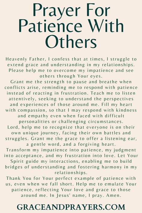 Looking for prayers for patience? We hope these 11 empathetic prayers will help you be patient with others, yourself, and in various situations! Click to read all prayers for patience. Prayers For Nurses, How To Learn Patience, Prayers For Patience With Others, Pray For Someone You Love, Prayers For Hospice Patient, Intercessory Prayer Examples, Prayer For Others, Pray For Patience, Prayer For Caregivers