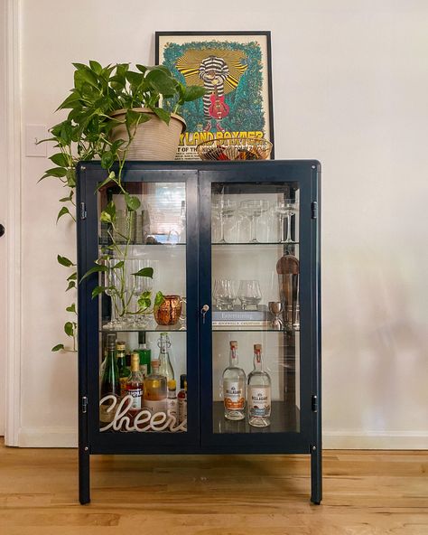 A bar cart without Bellagave? Not in this house. Dresser To Bar Cart, Bar Cart Eclectic, Bar Cart Corner Ideas, Bar Cabinet Styling, Blue Bar Cart, Styled Bar Cart, Aesthetic Bar Cart, Bar Cart Ideas, Bar Hutch