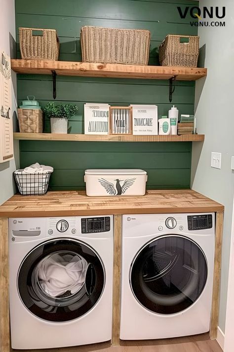 Floating Shelves In Laundry Room Small Spaces, Next To Washer Storage, Small Washer Dryer Space, Shelves Around Washer And Dryer, Modern Farmhouse Small Laundry Room, Laundry Room Ideas Green Walls, Floating Shelves Above Washer And Dryer, Small Farmhouse Laundry Room Ideas, Laundry Room Wood Shelves