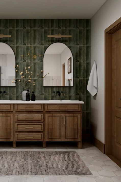 Why Modern Bathroom Suites Are a Must-Have for Your Home Master Bath Makeover, Master Bath Tile, Green Ties, Modern Master Bath, Green Tile Bathroom, Bath Makeover, Mid Century Modern Bathroom, Mid Century Bathroom, Focal Wall