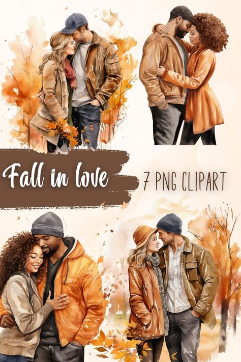 Capture the romance of the season with this watercolor couple in love clipart bundle. This enchanting collection features beautifully crafted illustrations of couples in love, in warm autumn colors. Elevate your creative projects with these graphics, perfect for adding a touch of emotion and charm to your designs. Infuse your creations with the warmth of watercolor and the spirit of fall. #lovediary #loversclipart #falldesign #autumnproject #journalclipart #watercolorillustration Autumn Illustration Aesthetic, Watercolor Romantic, Tags Ideas, Couple Clipart, Love Clipart, Autumn Clipart, Fall Clipart, Scrapbook Printing, Paris Wallpaper