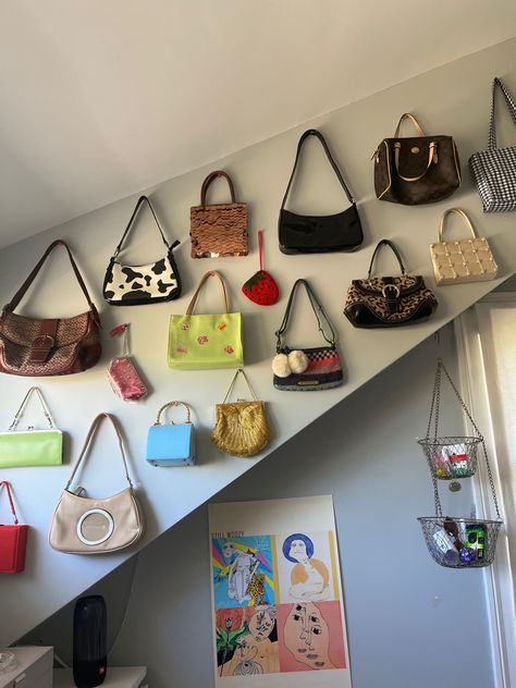 Bag Wall Display, Accessory Wall, Hang Purses On Wall Ideas, Purse Organization Wall, Bag Wall, Purse Wall, Dream Dressing Room, Purse Storage, Eclectic Style Decor