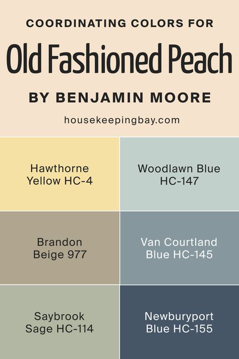 Old Fashioned Peach OC-79    Coordinating Colors by Benjamin Moore Blue And Yellow Kitchens, Hawthorne Yellow Benjamin Moore, Benjamin Moore Hawthorne Yellow, Blue And Yellow Kitchen, Benjamin Moore Yellow, Blue Complementary Color, Woodlawn Blue Benjamin Moore, Peach Paint Colors, Hawthorne Yellow