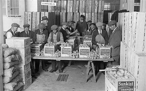 Wrapped oranges being packed into cartons at The London Fruit Exchange, Spitafields, during WW1.  October 1929 Spitalfields Market London, London In 19th Century, 1920 London Movie, London Old Photos, Spitalfields Market, East End London, Long Gone, East End London 1960s, Photography Exhibition