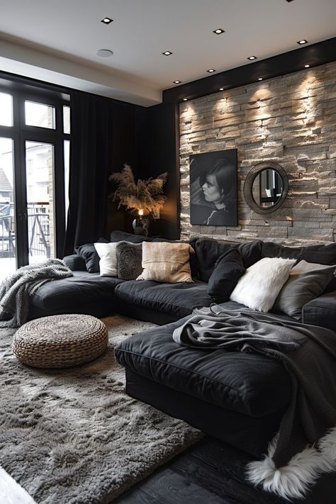 Modern Chic Living Room Luxury, Aesthetic Black Living Room, Modern Vintage Home Decor Living Room, Gray And Black Interior Design, Black And White Home Decor Ideas, Black Themed Living Room, Simple Home Decor Living Room, Black Decor Living Room, Black Home Interior Design