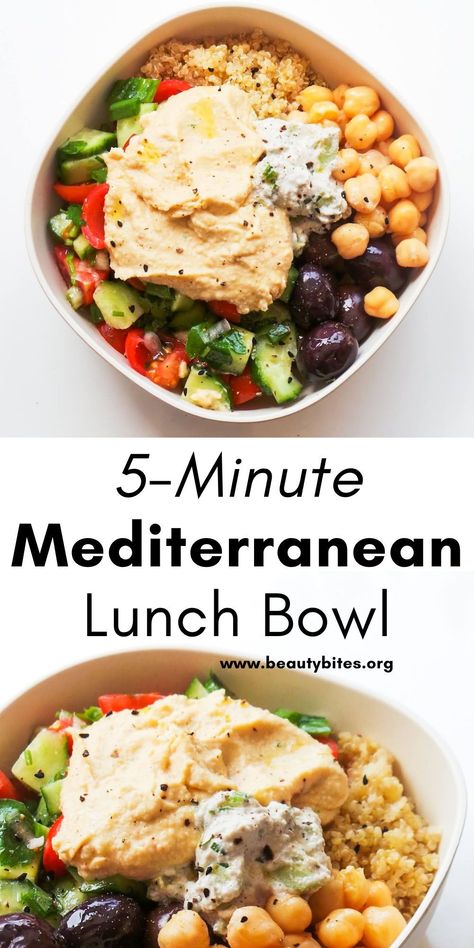 5-Minute Mediterranean Bowl! This is a quick and easy clean eating Mediterranean lunch recipe that you can assemble in 5 minutes. This delicious Mediterranean diet recipe is easy to meal prep, vegan and gluten-free! Mediterranean Diet Recipes Gluten Free Dairy Free, Mediterranean Bowls Recipes, Heart Healthy Meal Prep, Gluten Free Mediterranean Recipes, Vegan Mediterranean Diet, Mediterranean Lunches, Bible Recipes, Eating Mediterranean, Mediterranean Diet Recipe