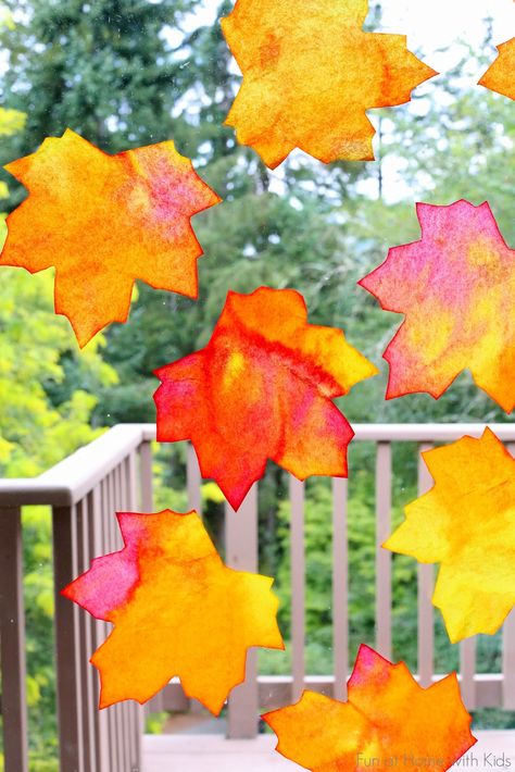 Fall Window Art: Leaf Suncatchers + Free Printable Template from Fun at Home with Kids Fall Window Art, Leaf Suncatchers, Fall Windows, Fall Art Projects, Fall Preschool, Fall Crafts For Kids, Autumn Crafts, Fall Projects, Classroom Crafts