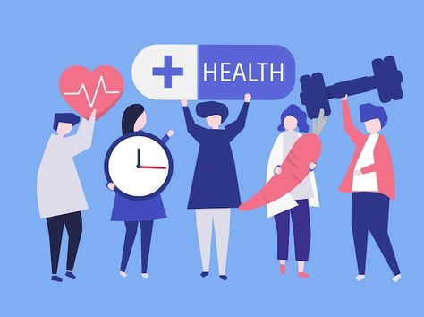 Charactes of people holding health icons... | Premium Vector #Freepik #vector #healthy #lifestyle #fitness-food #health Public Health Illustration, Health Care Design Graphics, Public Health Quotes, Health Belief Model, Improving Health, Community Health Nursing, Public Health Nurse, Netflix Hacks, Health Brand