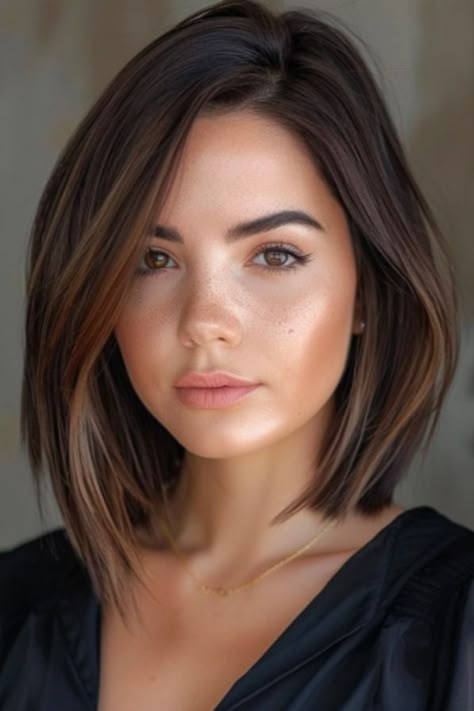 Asymmetrical Shoulder-Length Bob with Subtle Golden Blonde Highlights Shirt Straight Hairstyles, Trendy Bobs, Shoulder Length Bob Haircut, Haircuts Trendy, Modern Bob, Textured Layers, Bob Cuts, Medium Bob, Classic Bob