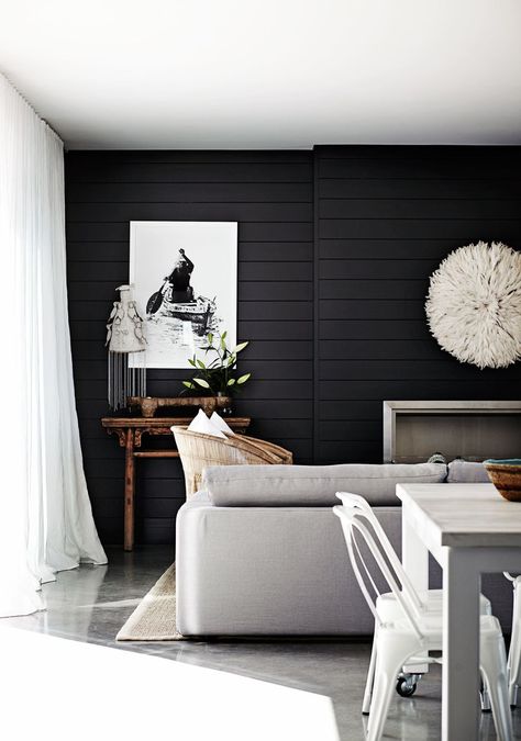 Black Shiplap Living Room - CountryLiving.com Shiplap Living Room, Interior Minimalista, White Shiplap, Minimalism Interior, Boho Interior, Ship Lap Walls, Home Design Decor, Lounge Room, Black Walls