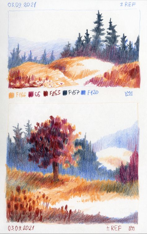 Landscape Reference Drawing, Landscape Drawing Colorpencil, Fall Art Colored Pencil, How To Draw With Pencil Color, Forest Colored Pencil Drawing, Colorful Pencil Sketches, Colored Pencil Fall Drawing, Coloring Pencils Art, Sketchbook Landscape Drawings