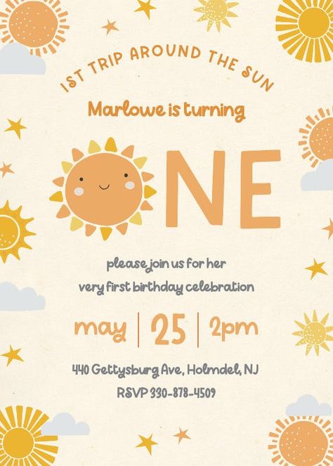 Sweetie Pie Sun - 1st Birthday Invitation Template | Greetings Island 1st Birthday Card Invitation, 1 Birthday Invitation Card, 1st Birthday Invites, 1st Bday Invitation Cards, 1st Birthday Invite, Kids Invitations Birthday, 1st Birthday Invitation, Kids Invitation, First Birthday Invite