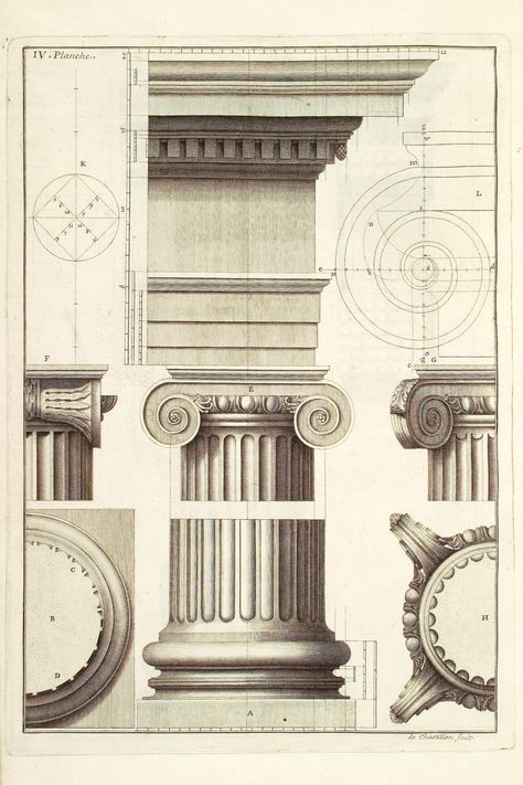 Learn about the Ionic Order of Classical Architecture in our Blog! Drawing from ‘Ordonnance Des Cinq Espèces De Colonnes Selon La Méthode Des Anciens’ by Claude Perrault published at Paris in 1683. Details: https://digi.ub.uni-heidelberg.de/diglit/perrault1683/0161  Architectural History European Architecture Classical Building Classical Style Classical Architecture Details Classicism Architectural Style Art History Architecture Elements Ionic Order, Architecture Tools, Architecture Elements, Architecture Antique, Classic Facade, Classical Building, Architectural Orders, Architecture Classic, Neoclassical Architecture