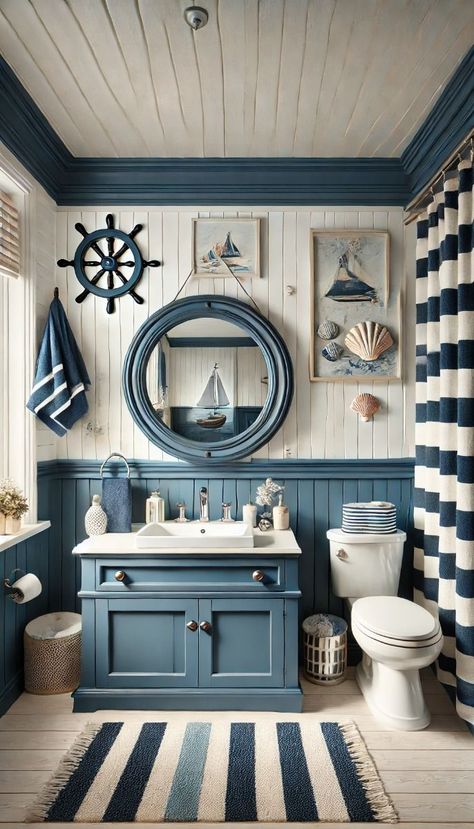 Small Beachy Bathroom Ideas, Beach Cottage Style Bathroom, Beach Condo Bathroom Ideas, Boat Bathroom Ideas, Sailor Bathroom Decor, Blue Bathrooms Ideas, Marine Bathroom, Ship Bathroom, Nautical Decor Bathroom