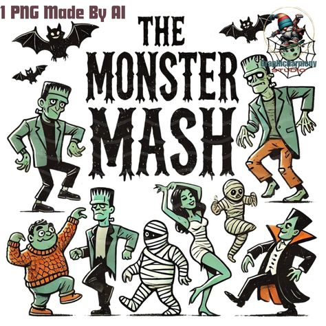 Monster Mash Illustration, Monster Mash Aesthetic, Classic Monster Decor, Vintage Halloween Monsters, Halloween Monsters Illustration, Classic Halloween Monsters, Monster Mash Decorations, Classic Monsters Vintage Horror, Monster Mash Halloween Party