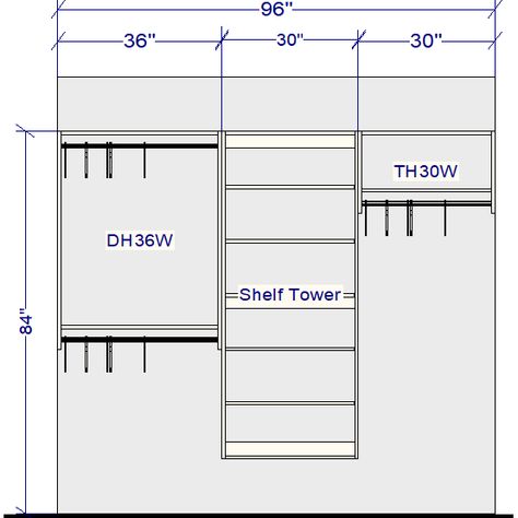 Modular Closets 8 FT Closet Organizer System - 96 inch - Style C Closet Measurement Guide, Closet Measurements, Lakehouse Bedroom, Dads Room, Modular Closets, Closet Organizing Systems, Out Of The Closet, Bedroom Closet Design, Closet Rod