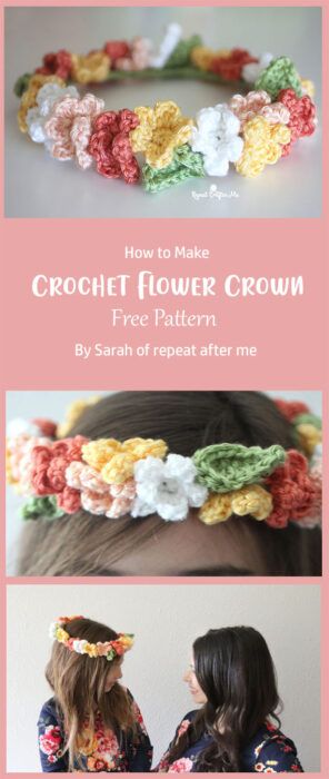 Easy Crochet Crown Pattern Free, Flower Crown Crochet Pattern Free, Crochet Floral Crown, Crown Sewing Pattern Free, Free Corset Crochet Pattern, Free Crochet Accessory Patterns, Flat Crochet Projects, Crochet Flower Headband Pattern, Crochet Flower Hat Pattern