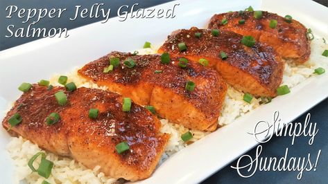 Salmon is definitely one of my favorite fish to eat So I’m always trying to figure out a new way to serve salmon that my family will love I was trying to come up with a good glaze and I remem… Pepper Jelly Salmon, Fish To Eat, Pepper Jelly Recipes, Red Pepper Jelly, Hot Pepper Jelly, Salmon Fillet, Pork Chicken, Pepper Jelly, Glazed Salmon