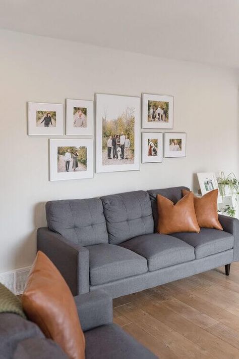 Newborn Wall Display, Family Portraits Decor Living Rooms, Family Photos House Decor, Family Picture Collage Wall Living Rooms, Arrange Family Photos On Wall, Wedding Photo Wall Home Living Room, Family Photo Layout Wall, Minimalist Family Photo Display, Living Room Photo Wall Ideas Above Couch