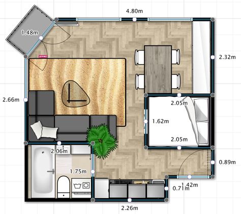 City studio/apartment renovation inspiration. 30 square meters. Create extra storage by elevate the bed 1.10m to ride our fancy bicycle's underneath the bed straight from the entre. Condo Design Plan, 30sqm Condo Design, City Studio Apartment, Small House Floor Plan, Plan Studio, Starter House, Small Condo, Small Garage, Victorian Townhouse