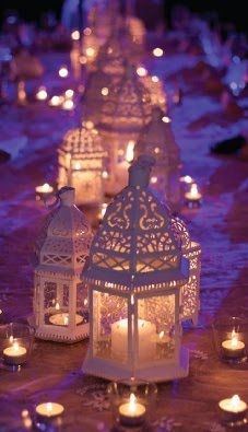 Moroccan lanterns cast a lovely glow here, this table really sparkles with all the lit votives. Love! Bohol, Wedding Centrepieces, Arabian Nights Party, Arabian Wedding, Moroccan Lanterns, Moroccan Wedding, Arabian Nights, Candle Lanterns, استوديو الصور