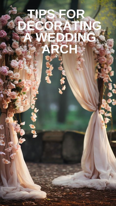 wedding arch decorated with fabric and flowers Wedding Arch With Fabric, Decorate A Wedding Arch, Wedding Draping, Fabric Draping, Draping Fabric, Arch Decoration Wedding, Garden Party Wedding, Ceremony Arch, How To Decorate