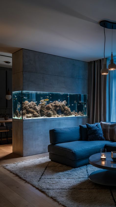 Open Space Aquarium Partition Wall Design Ideas Aquarium Partition Ideas, Living Room Partition Design With Fish Tank, Wall Fish Tank Ideas Living Rooms, Fish Tank Wall Divider, Fish Tanks In Walls, Aquarium In Wall Ideas, House Aquarium Ideas, Aquarium On Wall, Fish Tank Room Divider