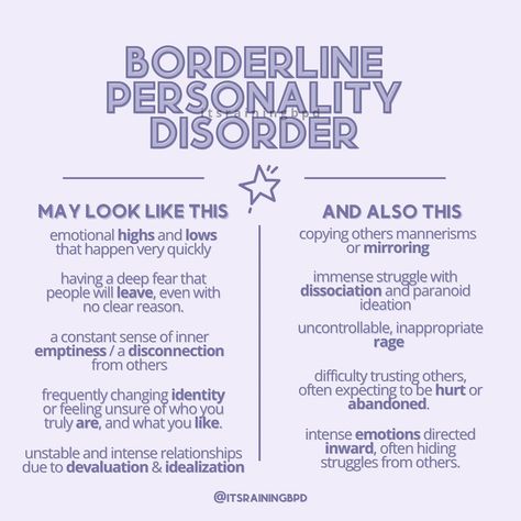 friendly reminder that bpd does not present the same way in everyone. we all experience different combinations of symptoms 💜 🌸 check out my ‼️ highlight for free bpd resources! (workbooks, dbt worksheets, workbooks for loved ones with bpd, all free!) 🌸 feel free 2 ‘garden’ w me> @itsrainingweeed 🌸 snap, tt & ig! : @itsrainingbpd ᴡᴇ ᴡɪʟʟ ɢᴇᴛ ᴛʜʀᴏᴜɢʜ ᴛʜɪꜱ ᴛᴏɢᴇᴛʜᴇʀ. ᴜʀ ꜱᴏ ꜱᴏ ʟᴏᴠᴇᴅ, ᴍʏ ʟɪʟ ʀᴀɪɴ ᴄʟᴏᴜᴅ ☁️. @itsrainingbpd || 🔖 #bpdawareness #bpdrecovery #bpdadvocate #borderlinepersonalitydisorde... Borderline Personality, Bpd Relationships, Bpd Disorder, Bpd Symptoms, Mental Health Stigma, Health Psychology, Mental Health Facts, Mental Wellbeing, Emotional Awareness