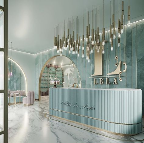 Boutique Focal Wall, Mint Green Salon Decor, Spa Interior Design Ideas, Bridal Shop Interior, Salon Decorating, Salon Designs, Nail Salon Interior Design, Beauty Salon Interior Design, Nail Salon Interior