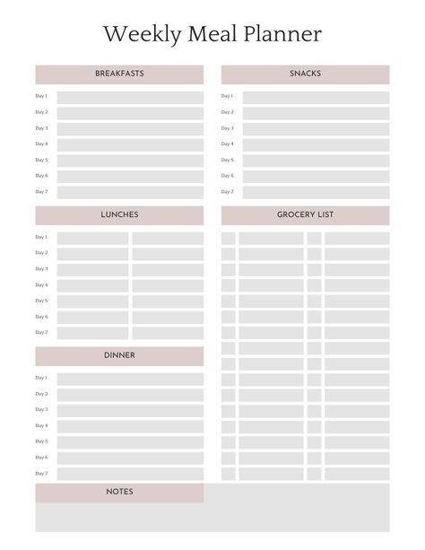 . #Organisation #Essen #Blank_Weekly_Meal_Plan_Template #Meal_Planning_Organization Grocery Meal Plan, Budget Meal Planner, How To Meal Plan For The Week, Meal Categories, Meal Planning Printable Templates, Menu Planning Printable, Aesthetic Planners, Meal List, Mood Chart