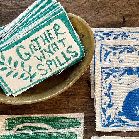 Erin Hogue on Instagram: "Printing on natural canvas….. love how it makes the colors pop (also I finally got my business card stamp carved & spelled properly & printed…. funny enough I like the one missing the P better!!!) 🌿 #blockprintpatches #handmadepatch #canvaspatch #linocutprintmaking #linocut #handcarvedstamp #gatherwhatspills #speedballink #handmadebusinesscards" Linocut Business Card, Linocut Patch, Handmade Business Cards, Stamped Business Cards, Buisness Cards, Linocut Printmaking, Handmade Patch, Stamp Carving, Battle Jacket