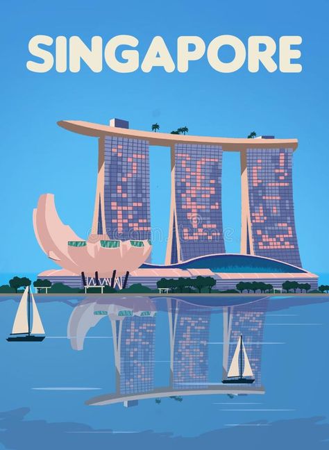 Singapore Illustration, Singapore Poster, Marina Bay Singapore, Singapore Art, Singapore Photos, Singapore City, Tourism Poster, Travel Poster Design, Building Illustration