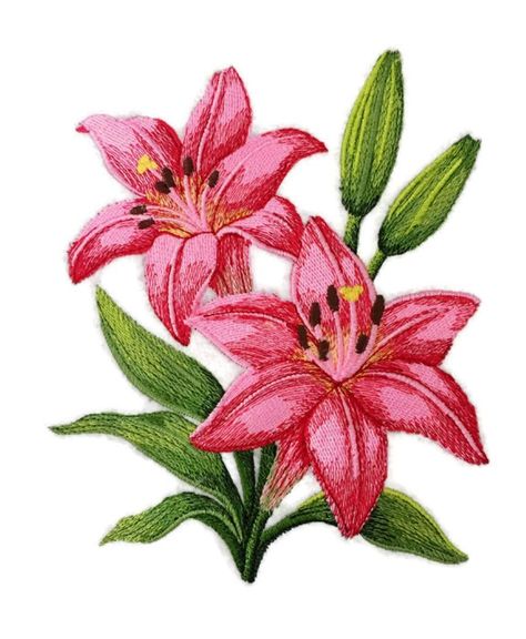 PRICES MAY VARY. Name Pink Lily Blooms Size Size 5.87"(w) x 7.07"(h) (149 x 179.6 mm Stitches 62516 Color; 10 Custom Flower Pink Lily Blooms Portrait embroidery patch. Absolutely superior quality patches which can be ironed or sewed on any garment. This patch is made of the finest embroidery thread and cotton base. Finest quality money can buy. Steps to iron it on the garment are listed below: 1. Set Iron to Cotton 400 degrees, for one minute. 2. Thoroughly iron area of garment where patch will Lily Bloom, Abstract Flower Painting, Hand Embroidery Flowers, Embroidery Patch, Unique Gardens, Flower Patch, Art Prompts, Art Drawings For Kids, Pink Lily