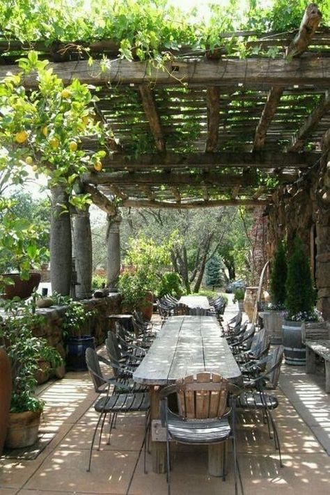 The best outdoor room pergola design ideas suggest keeping everything neutral and natural. Use wooden chairs and table with wooden and vines covering. This is a brilliant pergola idea to have family dinner and breakfast.#pergoladesigns   #pergoladesignideas #pergoladesignideen  #pergoladesignplansideas Rustic Pergola, Pergola Diy, Garden Vines, Backyard Pergola, Pergola Plans, Small Backyard Patio, Pergola Patio, Pergola Designs, Pergola Shade