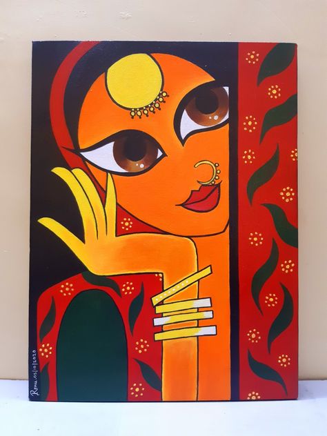 Modern Art Easy Drawing, Rajasthani Women Painting Acrylic, Maru Ragini Painting, Indian Art On Canvas, Rajasthani Women Drawing, Mini Canvas Abstract Paintings, Aesthetic Boho Painting Ideas, Rajasthani Art Design Easy, Rajasthani Painting Easy