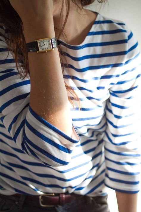 Cartier Tank Outfit, Cartier Tank Watch, Breton Top, Tank Watch, Parisienne Chic, Cartier Tank, Cartier Watch, Saint James, French Chic