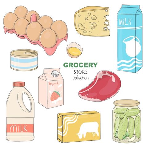 Grocery Doodles, Shopping Illustration Art, Grocery Drawing, Grocery Shopping Illustration, Grocery Store Drawing, Grocery Store Illustration, Supermarket Drawing, Supermarket Cartoon, Grocery Illustration