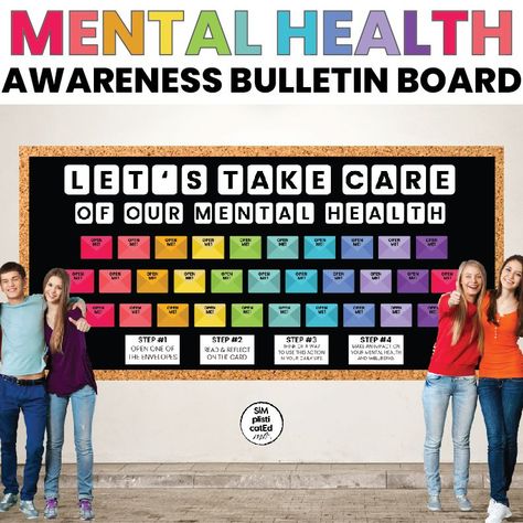 A safe and supportive space for people to share their experiences with mental health, connect with others, and find resources. #mentalhealth #mentalillness #wellness Health Teacher Classroom Decorations, School Social Work Bulletin Boards, Health Class Bulletin Boards, Guidance Counselor Bulletin Boards, Interactive Bulletin Boards Elementary, Wellbeing Wall, Teacher Lounge Bulletin Board, Sel Bulletin Board Ideas, Health Classroom Decor