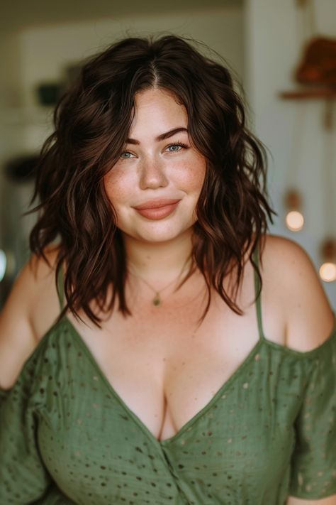 Woman with wavy brown hair, wearing a green off-the-shoulder top, smiling. Medium Hair Round Layers, Hairstyles For Thick Hair Round Face, Medium Length Hair Round Face Plus Size, Long Bob Haircuts Plus Size, Full Face Haircuts Round, Plus Size Mid Length Hair, Plus Size Round Face Hairstyles, Mid Layered Haircuts Round Faces, Long Hairstyles For Round Face Women