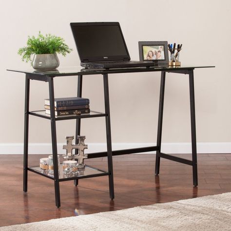 Southern Enterprises Avery Metal /Glass Sawhorse/A-Frame Writing Desk - Black | Hayneedle Crafting Station, Sawhorse Desk, Contemporary Writing Desk, Glass Desk Office, Desk Black, Glass Office, Functional Desk, Tempered Glass Shelves, Glass Desk